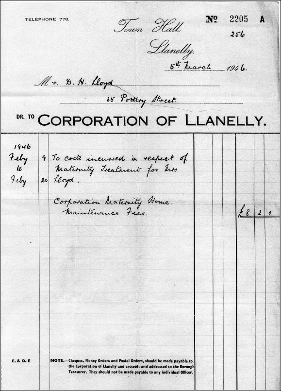 Invoice for treatment at the Maternity Home in Goring Road Llanelli Invoice for treatment at the Maternity Home in Goring Road Llanelli