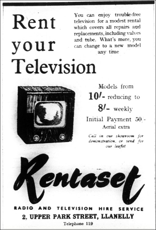 Newspaper advertisement ~ Rentaset ~ Radio and Television Hire Service, Llanelly Newspaper advertisement ~ Rentaset ~ Radio and Television Hire Service, Llanelly