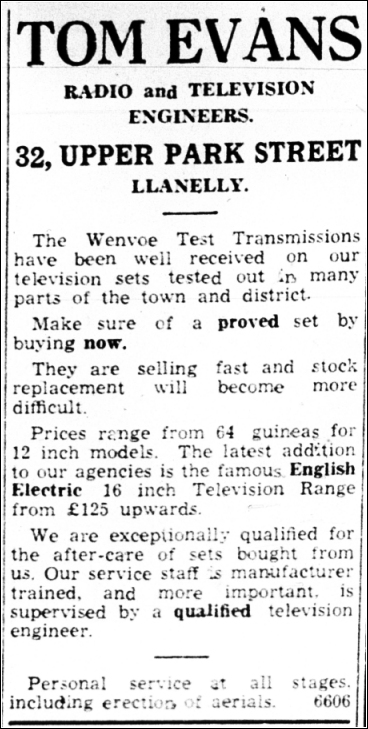 Newspaper advertisment ~ Tom Evans ~ Radio and Television Engineers, Llanelli Newspaper advertisment ~ Tom Evans ~ Radio and Television Engineers, Llanelli
