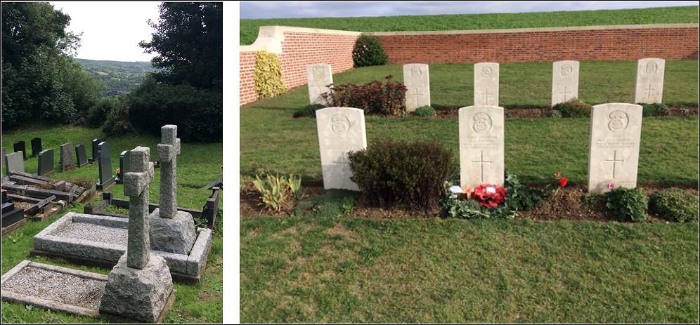 Collins and Thomas family graves in Llanedi churchyard; David Thomas’s grave at Point 110 New Military Cemetery, Fricourt - Lloyd family archive Collins and Thomas family graves in Llanedi churchyard; David Thomas’s grave at Point 110 New Military Cemetery, Fricourt - Lloyd family archive