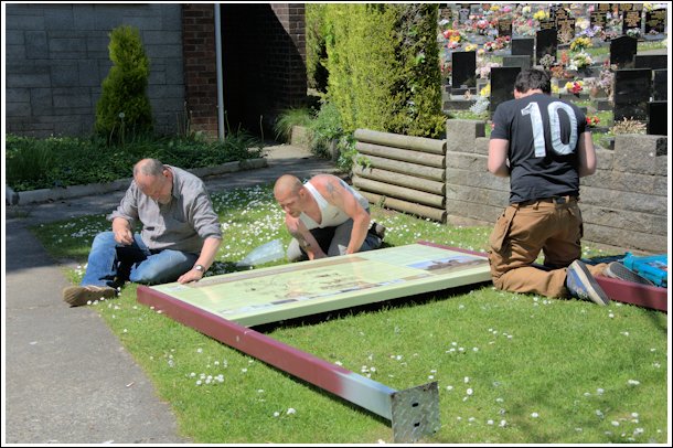 assembling Panels ~ L-R Alan Williams (Graphic Designer), Tim Jones, Alan's son Tom assembling Panels ~ L-R Alan Williams (Graphic Designer), Tim Jones, Alan's son Tom